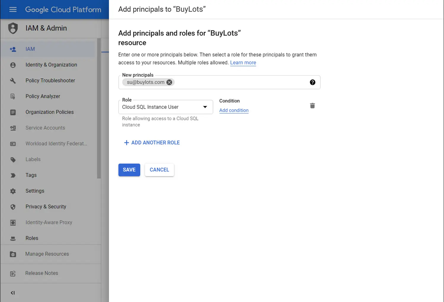 Screenshot of Google Cloud IAM interface for adding principals and assigning roles to a resource, showing a user email, selected role (Cloud SQL Instance User), and option to add conditions.