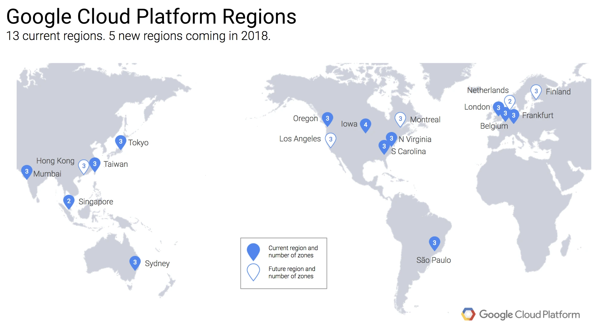 World map showing Google Cloud Platform regions across North America, South America, Europe, Asia, and Australia, with markers indicating current regions and number of zones.