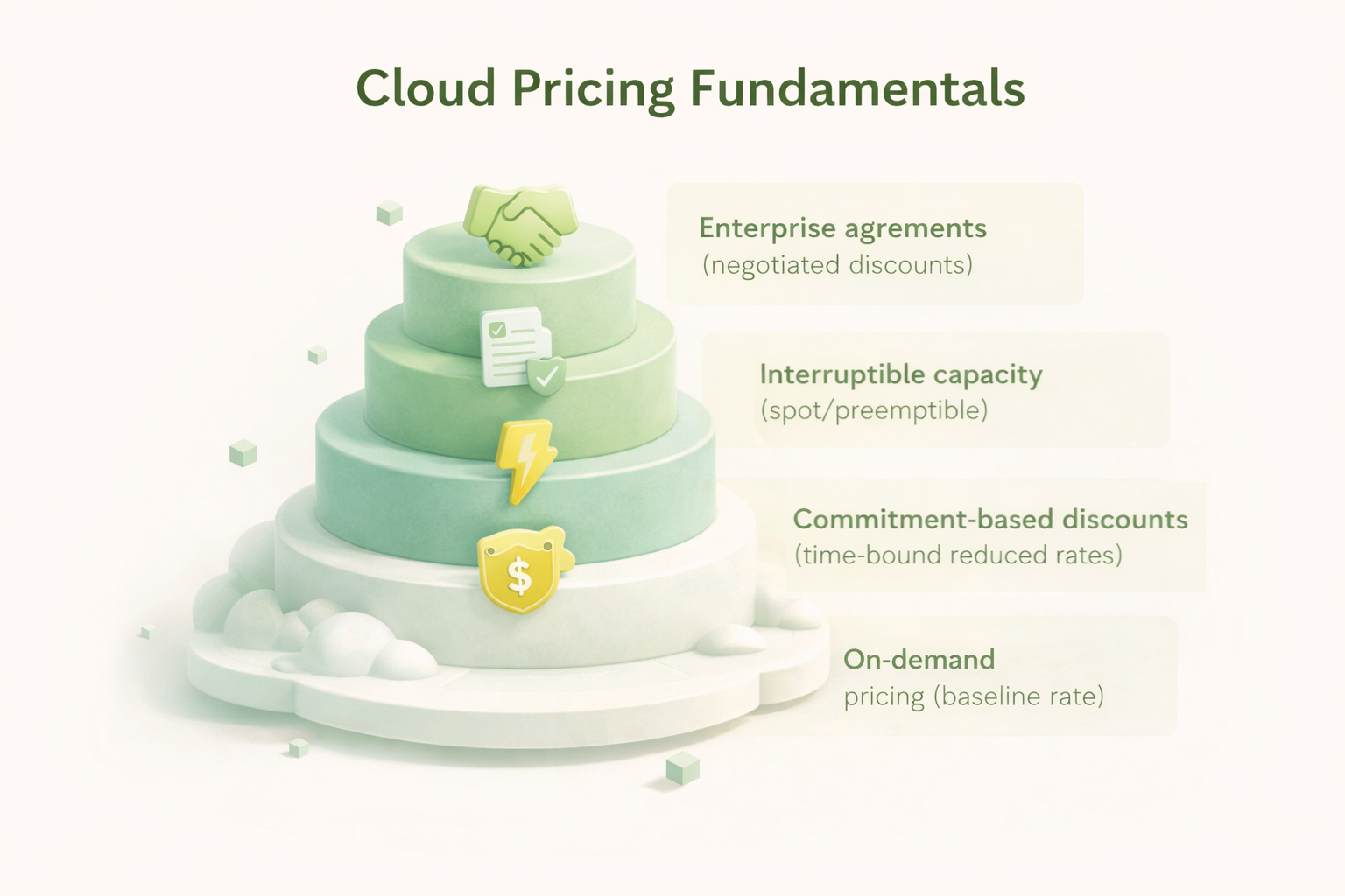 Infographic illustrating cloud pricing fundamentals, including enterprise agreements, interruptible capacity, commitment-based discounts, and on-demand pricing.