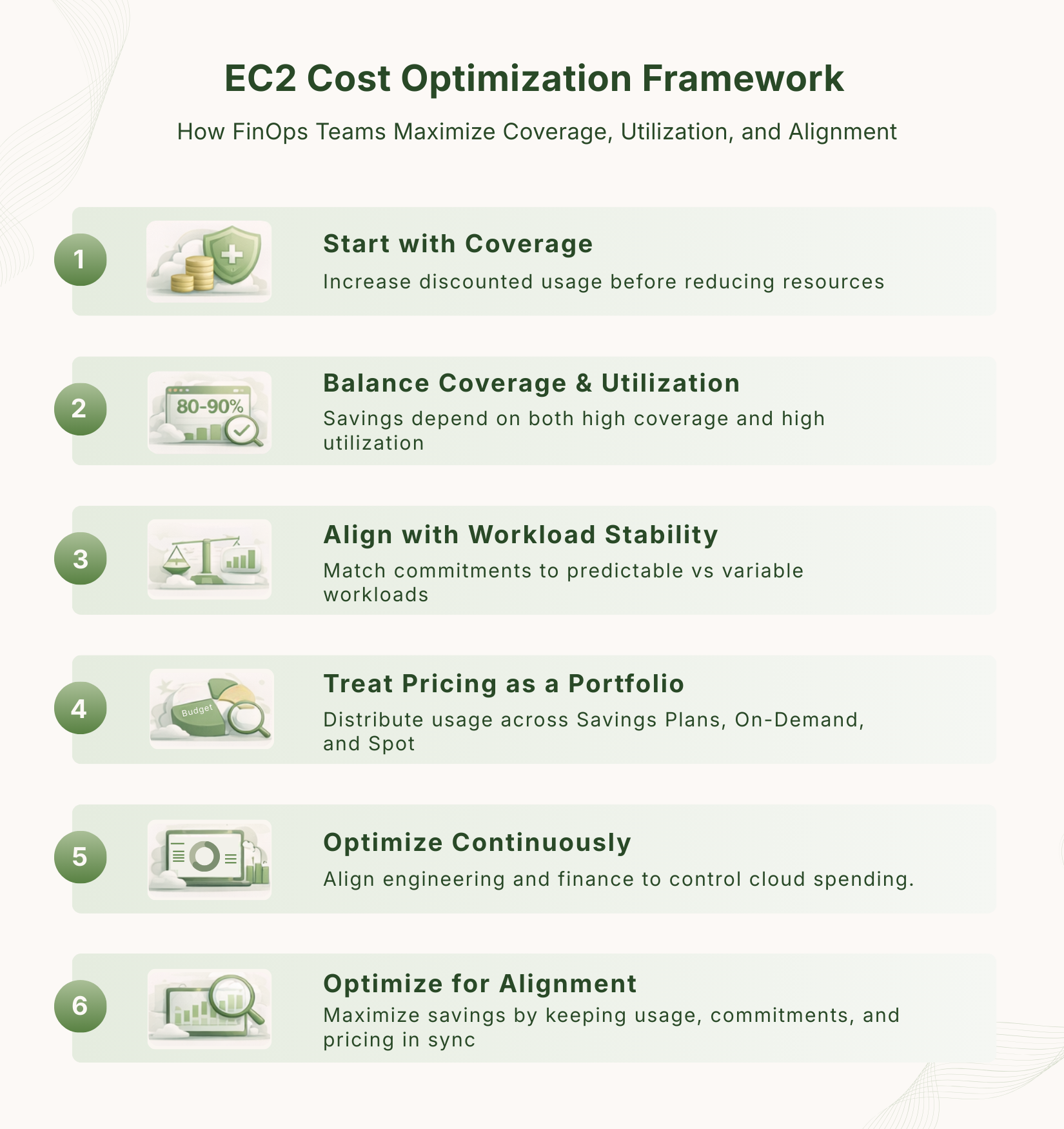 Infographic outlining an EC2 cost optimization framework, including steps like increasing coverage, balancing utilization, aligning commitments with workload stability, treating pricing as a portfolio, continuous optimization, and maintaining alignment.