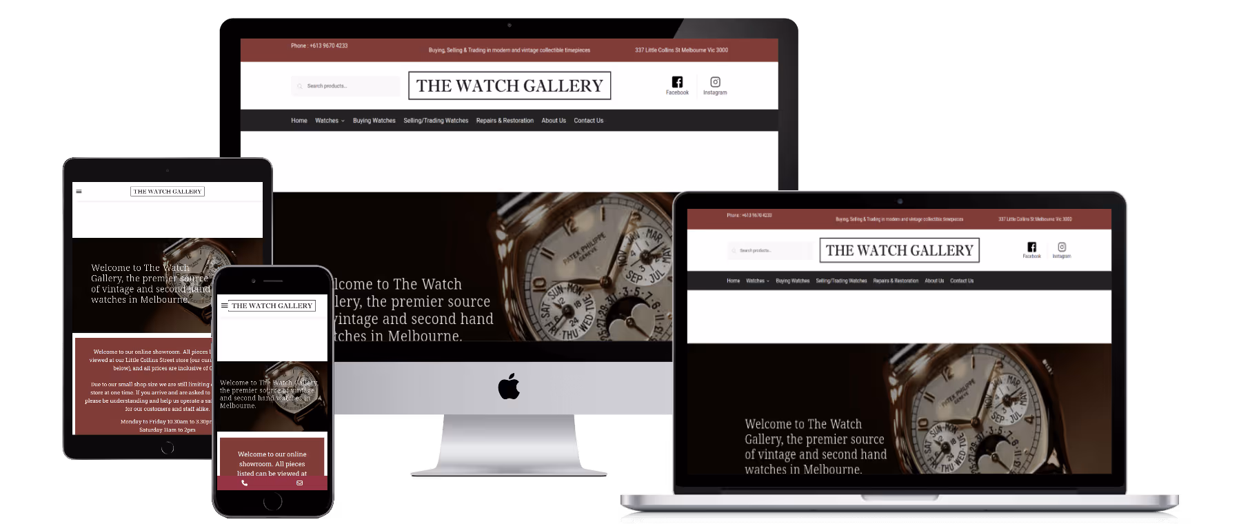 Responsive website mockup for The Watch Gallery showcasing vintage watches and elegant branding.
