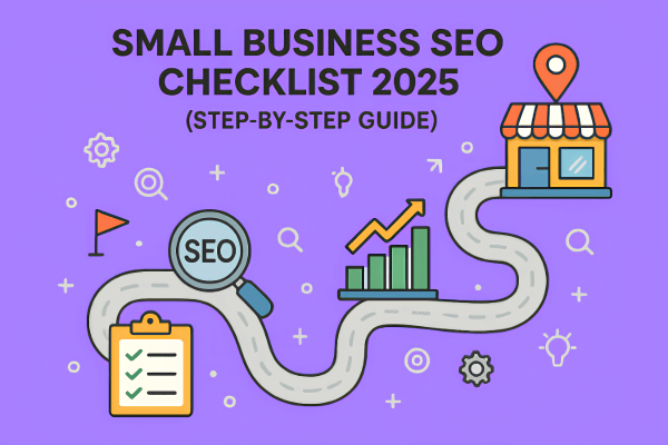 Illustration showing an SEO roadmap with icons for audits, search, and business growth. Created for the Small Business SEO Checklist 2025 blog.