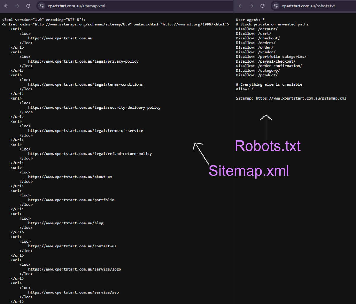 Screenshot comparing sitemap.xml and robots.txt file for Xpert Start’s website SEO setup