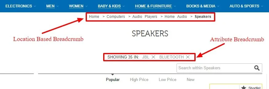 Example of location-based and attribute-based breadcrumb navigation on an ecommerce site