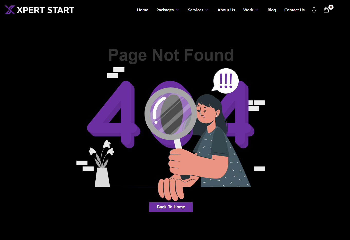 Xpert Start custom 404 page with illustrated character using magnifying glass and a Back to Home button