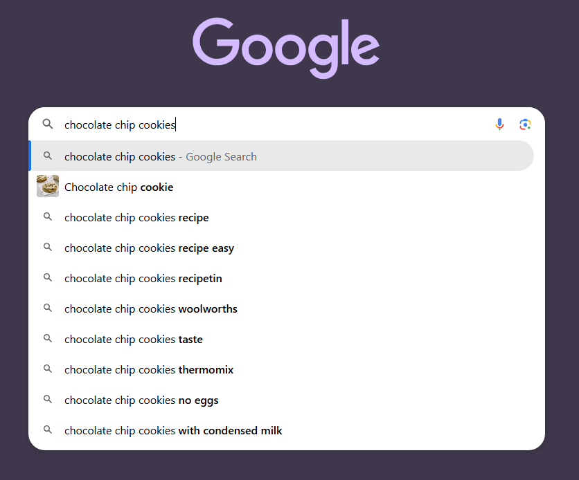 Google autosuggest dropdown showing long tail keyword ideas for chocolate chip cookies. This is an example of intent-based SEO research.