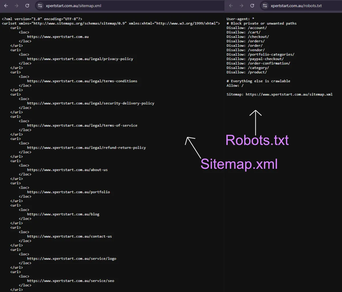 Xpert Start sitemap.xml and robots.txt setup showing crawl rules and sitemap submission for technical SEO audit.