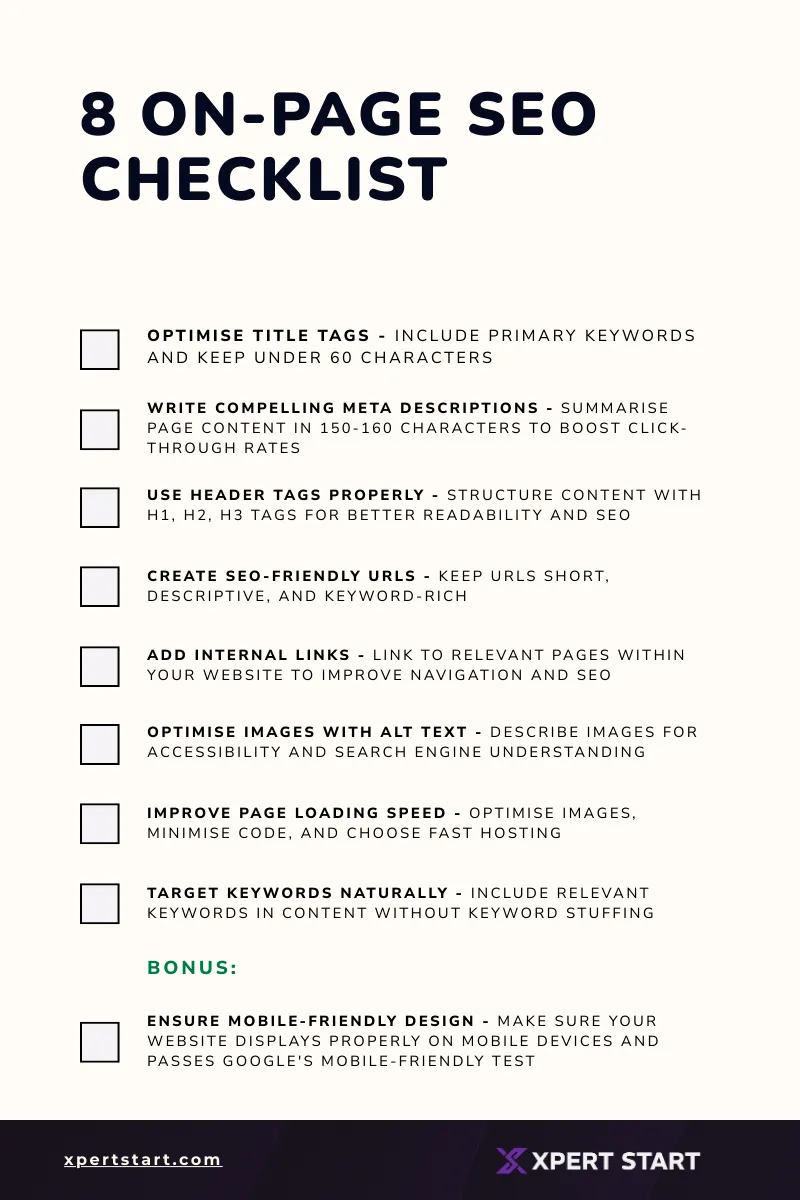 On-page SEO checklist infographic covering title tags, meta descriptions, header tags, internal links, image optimisation, speed, and mobile design.