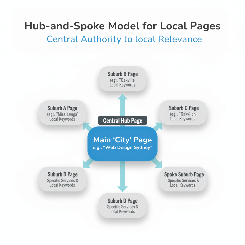 Hub and spoke model for local SEO showing central city page with connected suburb pages for specific services and local keywords.