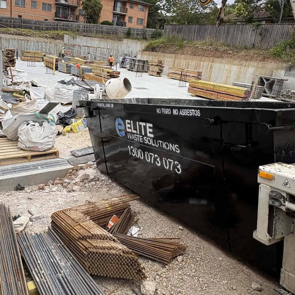 Elite Waste Solutions black skip bin placed at residential construction site in Sydney