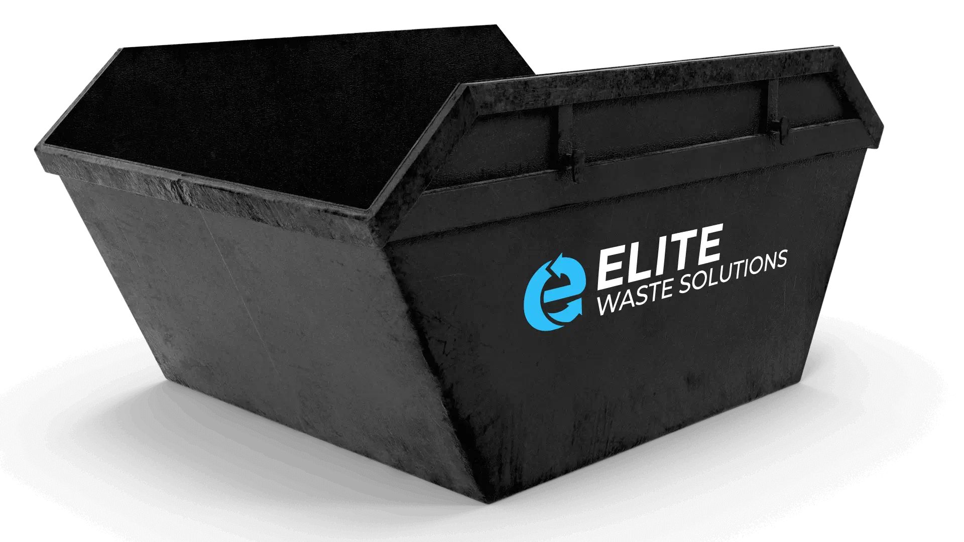 Black skip bin with Elite Waste Solutions branded logo and signage
