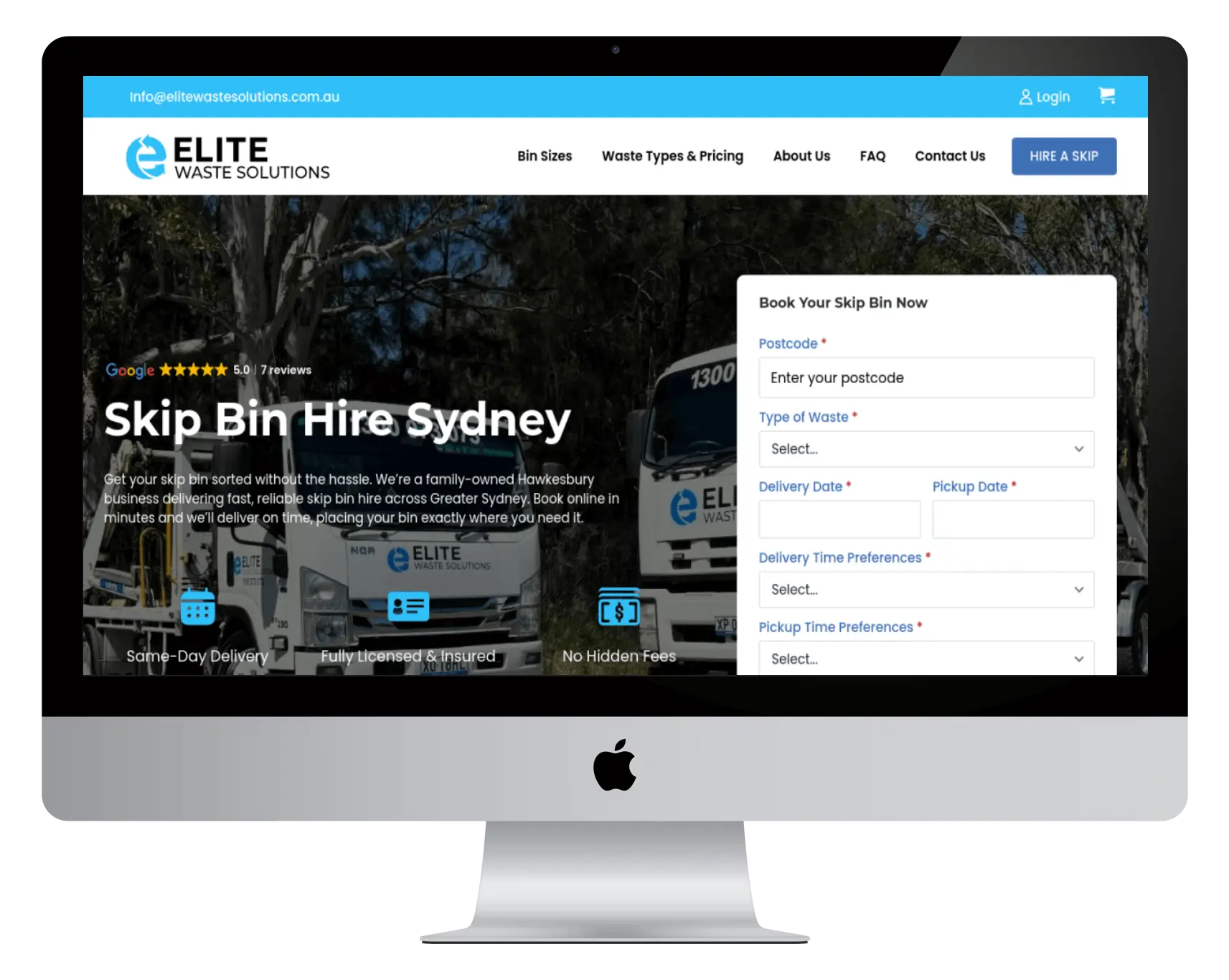 Elite Waste Solutions website homepage displayed on desktop computer mockup featuring booking system and Google reviews