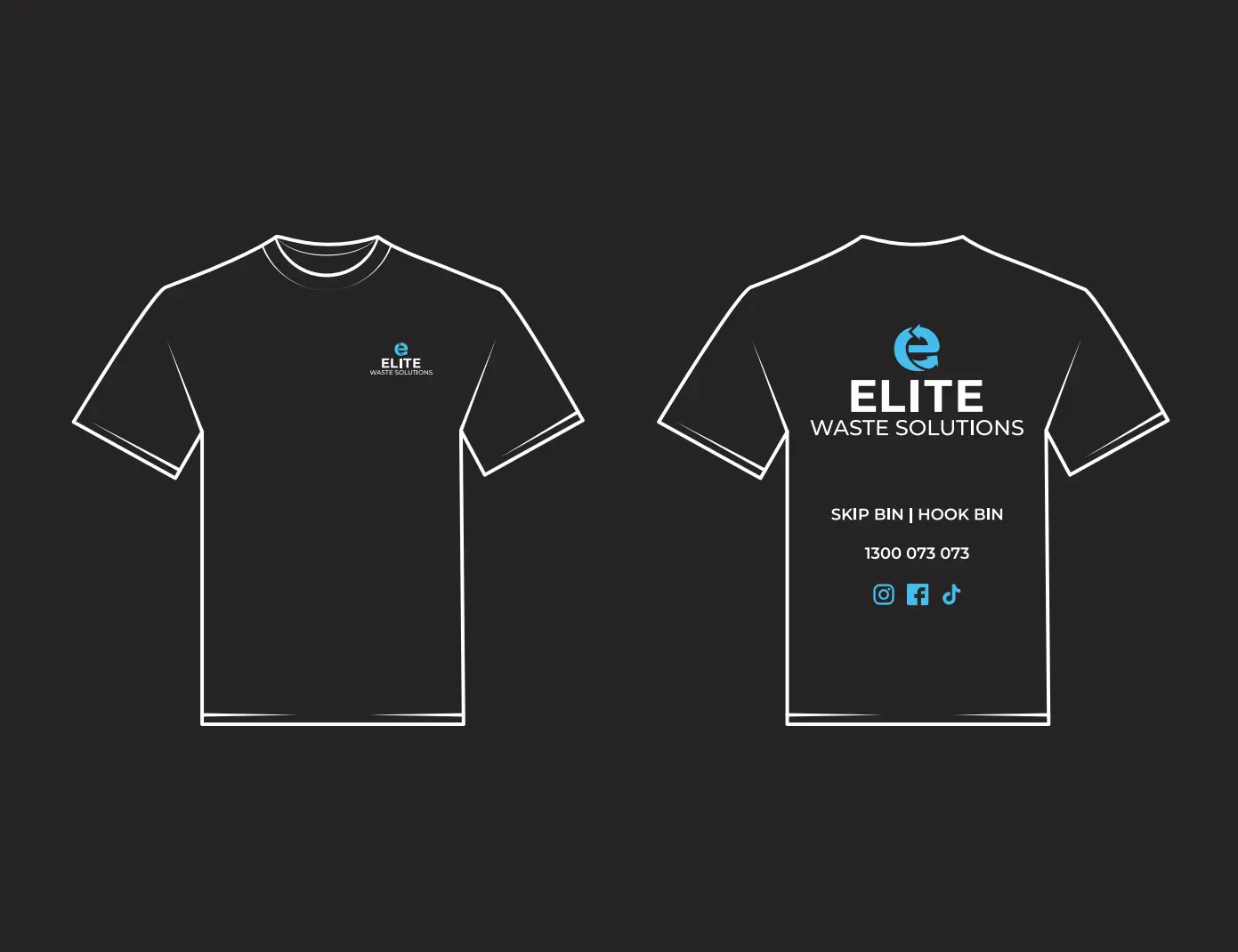 Elite Waste Solutions branded workwear t-shirt design mockup showing front and back layouts