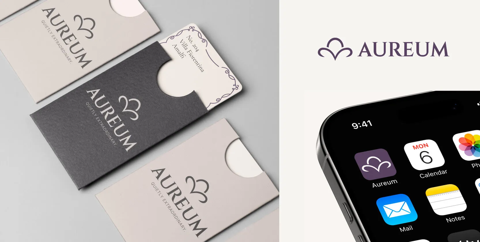 Minimal logo design system showing primary mark and secondary variations across business cards and mobile app