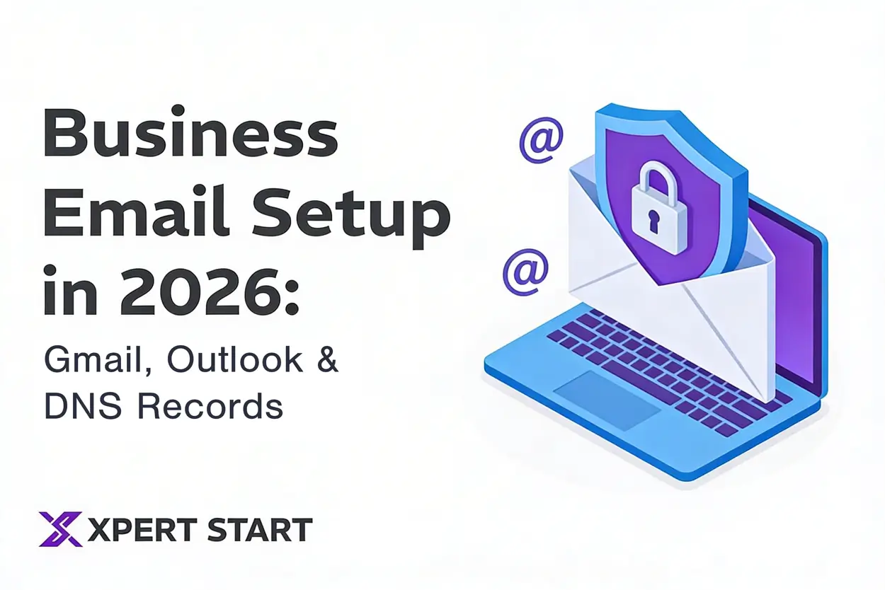 Business email setup guide 2026 covering Gmail, Outlook and DNS records