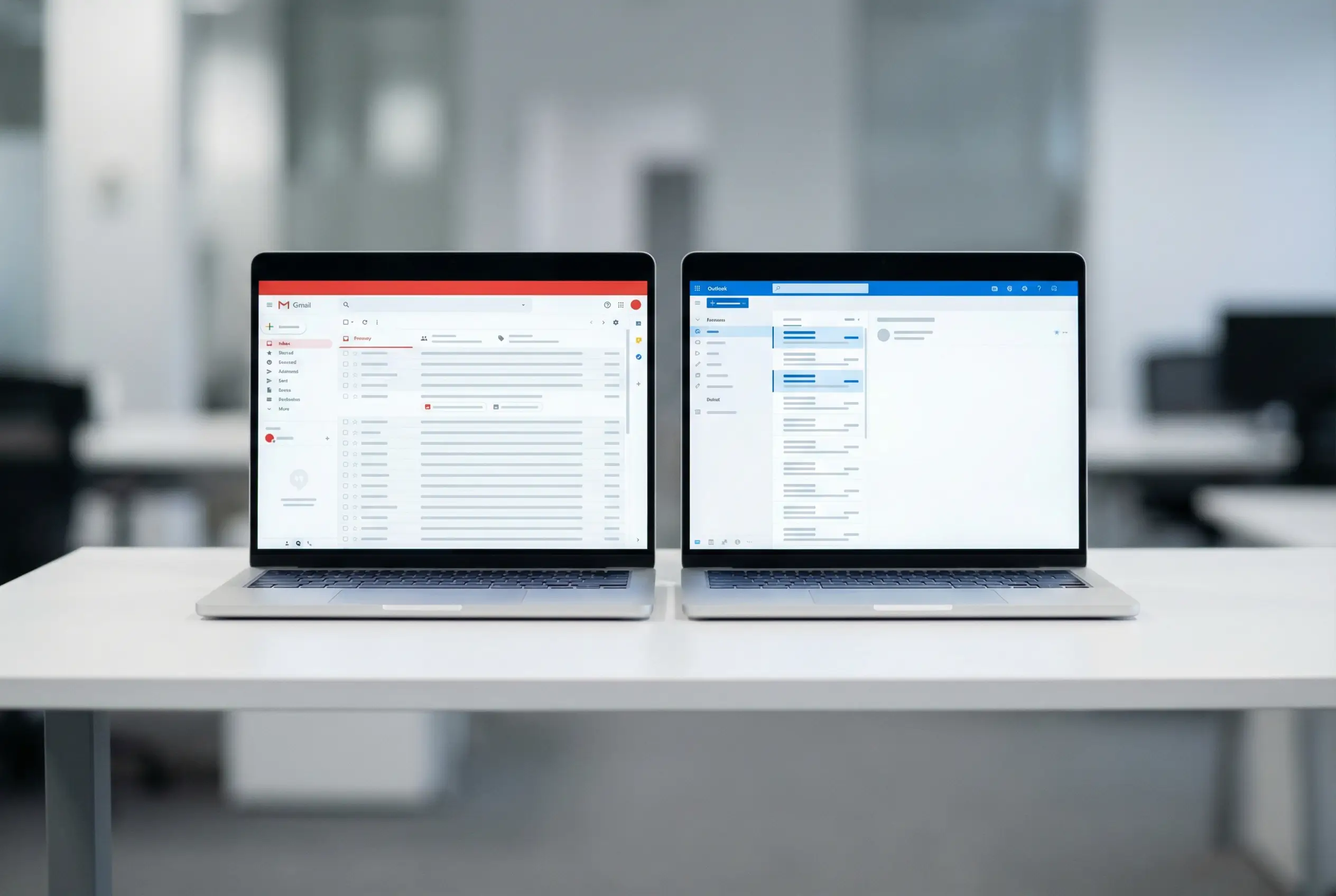 Two laptops side by side showing Gmail and Outlook email interfaces for business comparison