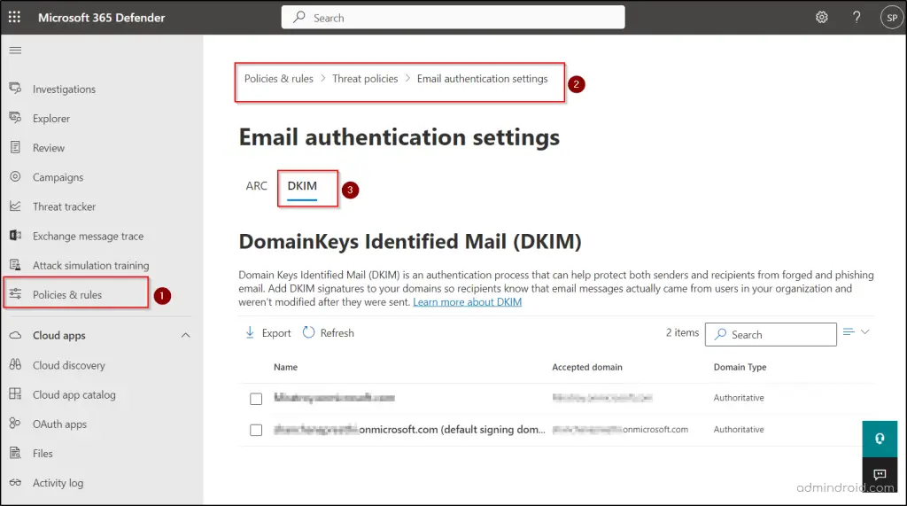 DKIM setup screen in Microsoft 365 Defender under Email Authentication Settings showing DomainKeys Identified Mail configuration