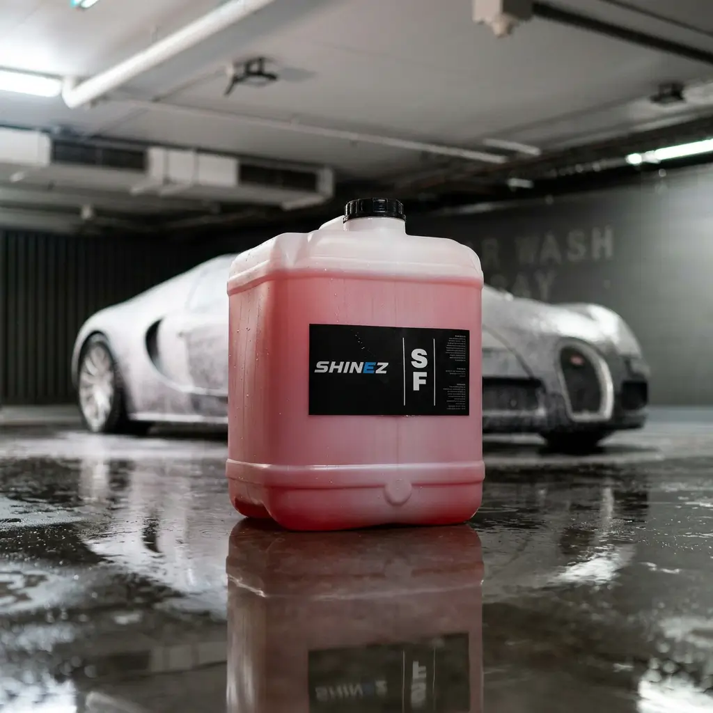Shinez car detailing cleaning product jerry can in the foreground with a foam-covered luxury sports car in a dark indoor car wash bay