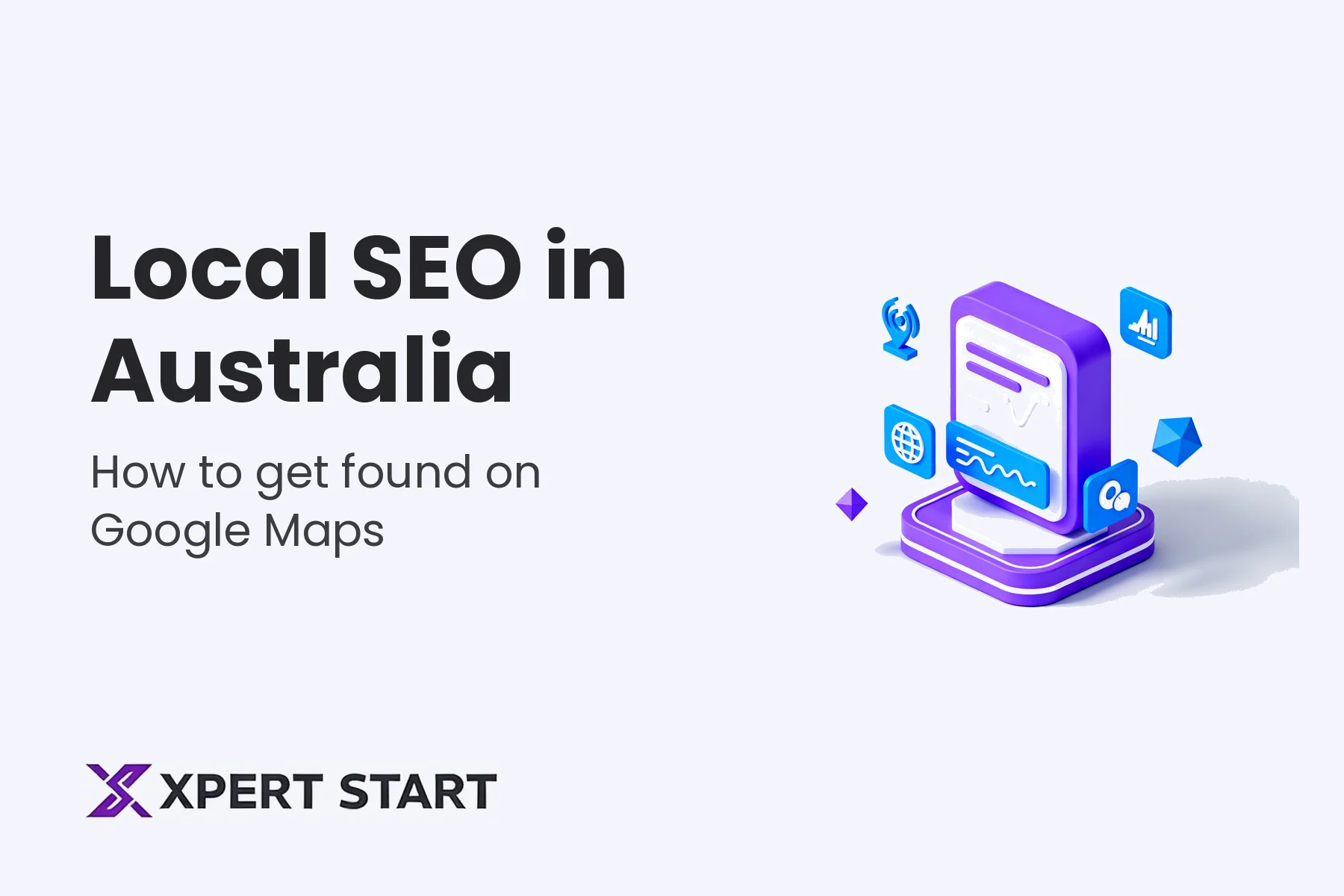 Illustration of a purple and blue phone screen with location and chart icons, for a guide to local SEO in Australia