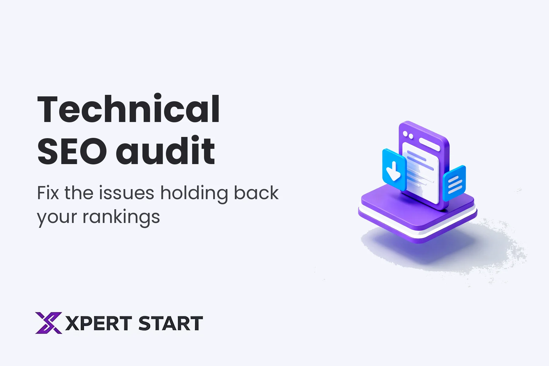 Illustration of a purple browser window with blue panels on a platform, for a technical SEO audit guide