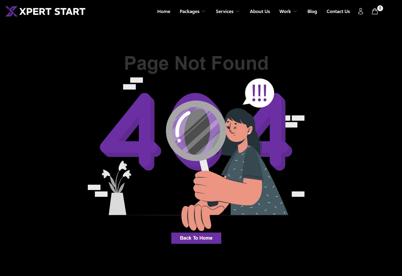 Custom 404 error page with an illustration and a button back to the home page