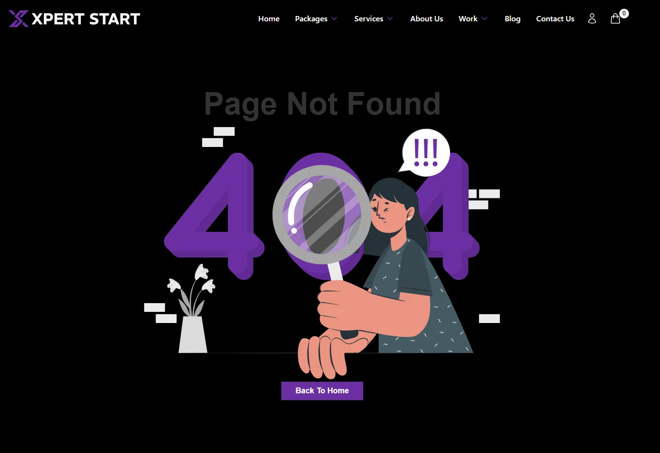 Custom 404 error page with an illustration and a button back to the home page