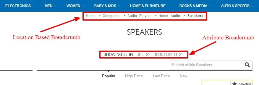 Example of location based and attribute based breadcrumb navigation on an online store