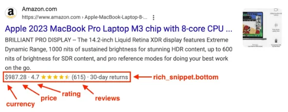 Product rich result in Google showing price, star rating, review count, and return policy