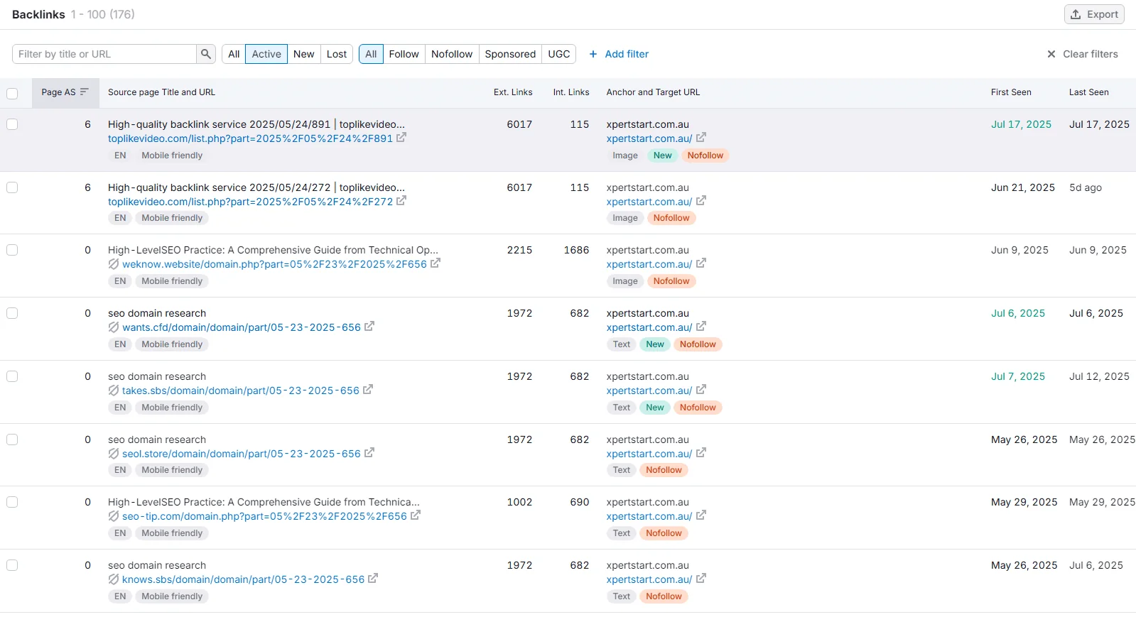 Backlink analysis report showing referring domains, anchor text, and link types for a business website