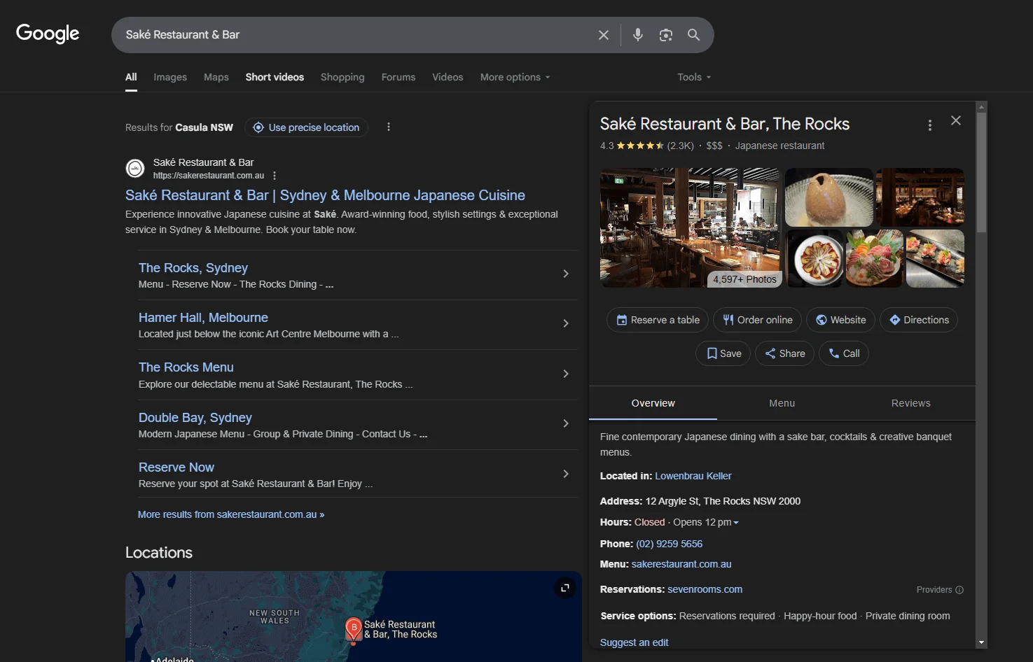 Google Business Profile listing for a local business showing reviews, hours, and contact details