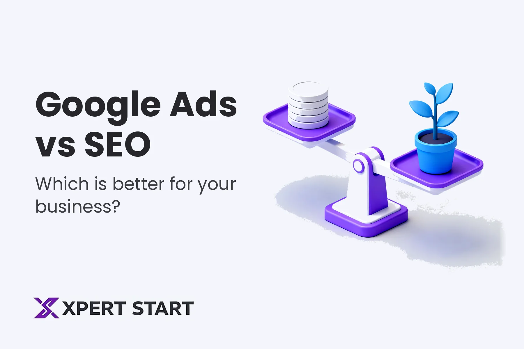 Illustration of a balance scale weighing a stack of coins against a growing plant, for a guide to Google Ads vs SEO