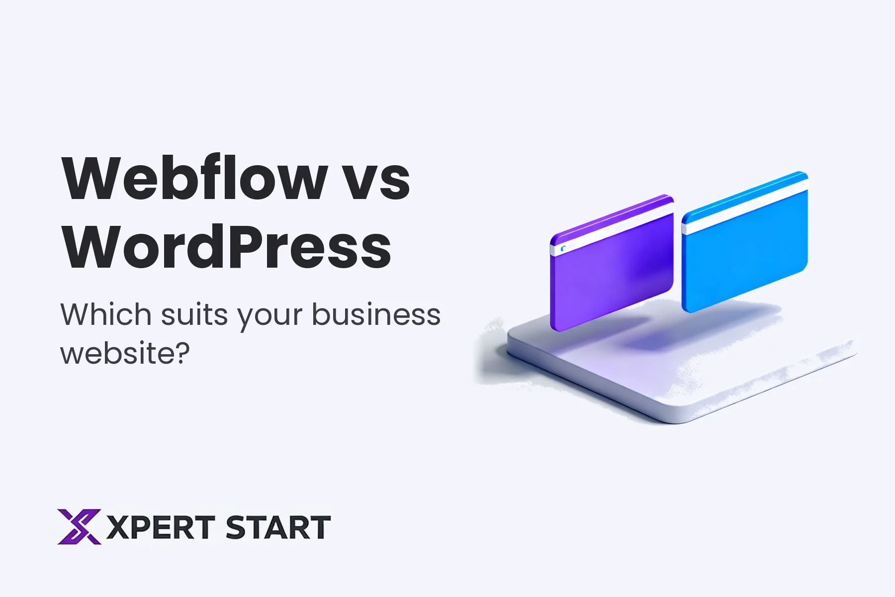 Illustration of two website windows side by side on a platform, for a guide to Webflow vs WordPress