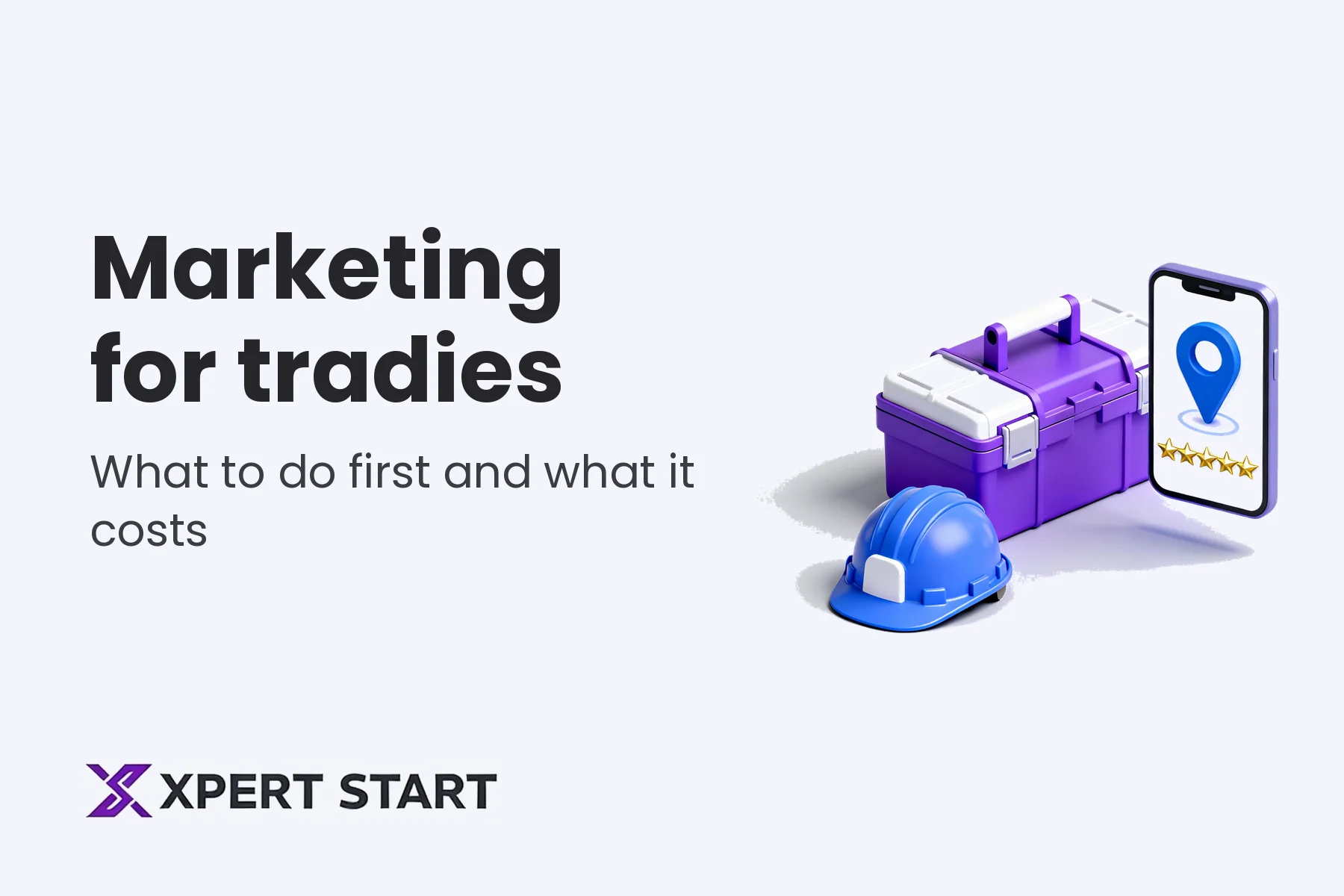 Illustration of a tradie's toolbox and hard hat next to a phone showing a map pin and five star reviews, for a guide to marketing for tradies