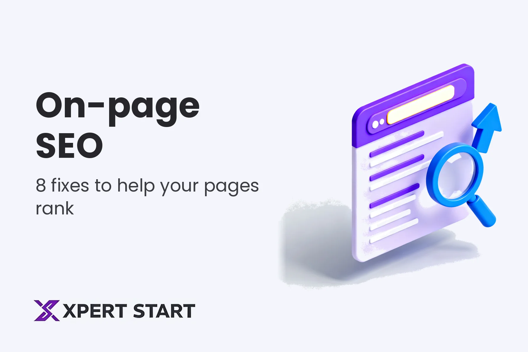 Illustration of a web page with a highlighted heading, magnifying glass, and ranking arrow, for a guide to on-page SEO