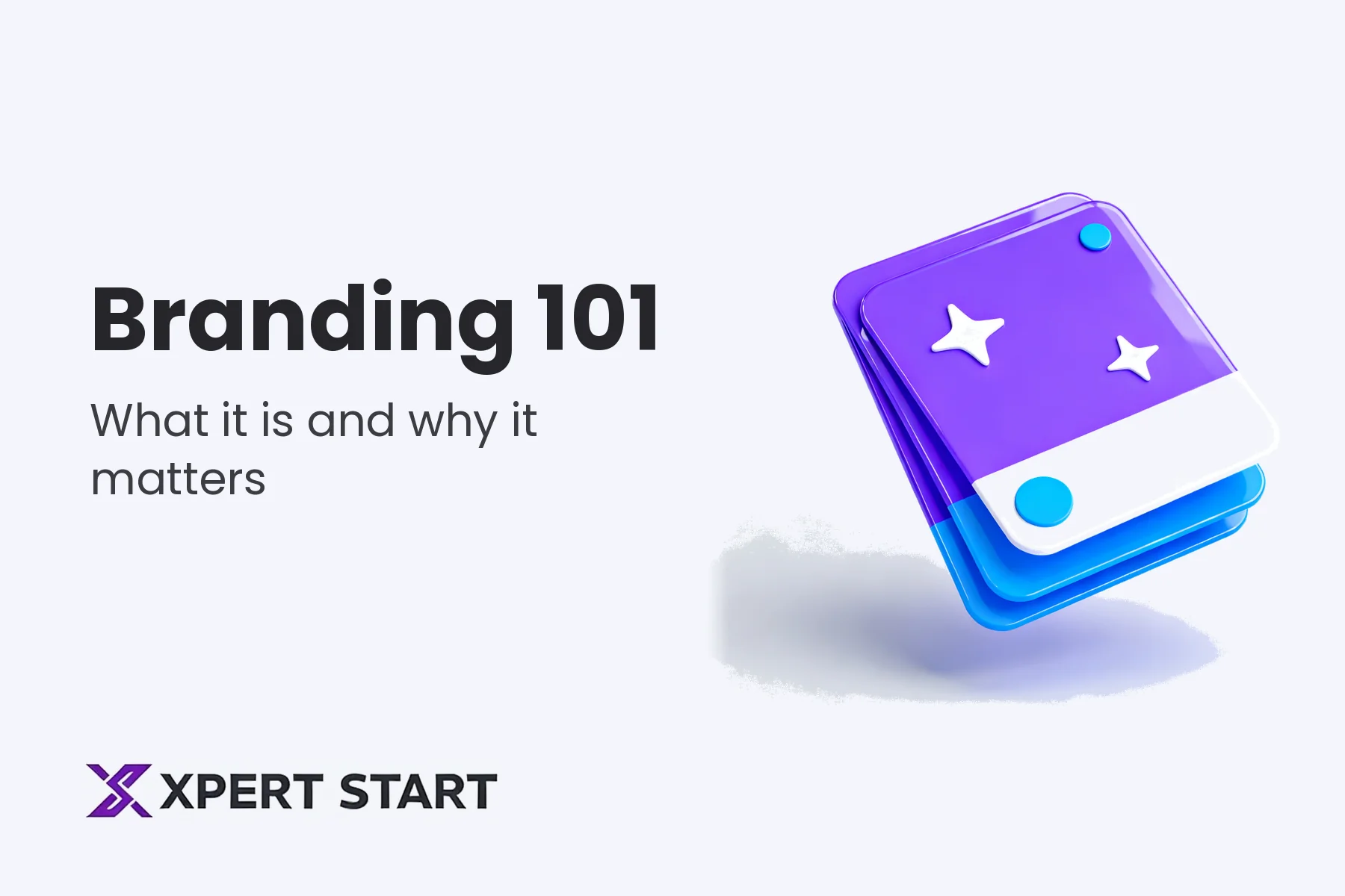 Illustration of stacked purple and blue brand swatch cards with star shapes and colour dots, for a guide to what branding is