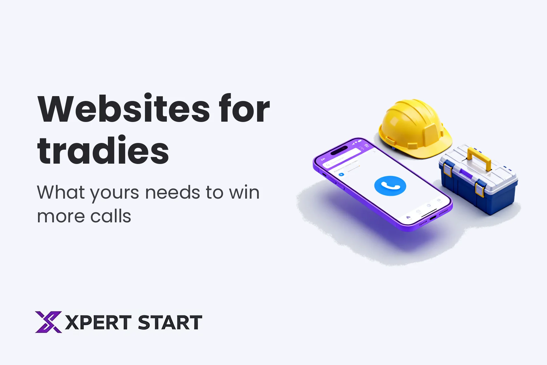 Illustration of a phone showing a tradie website with a call button, next to a hard hat and toolbox, for a guide to websites for tradies