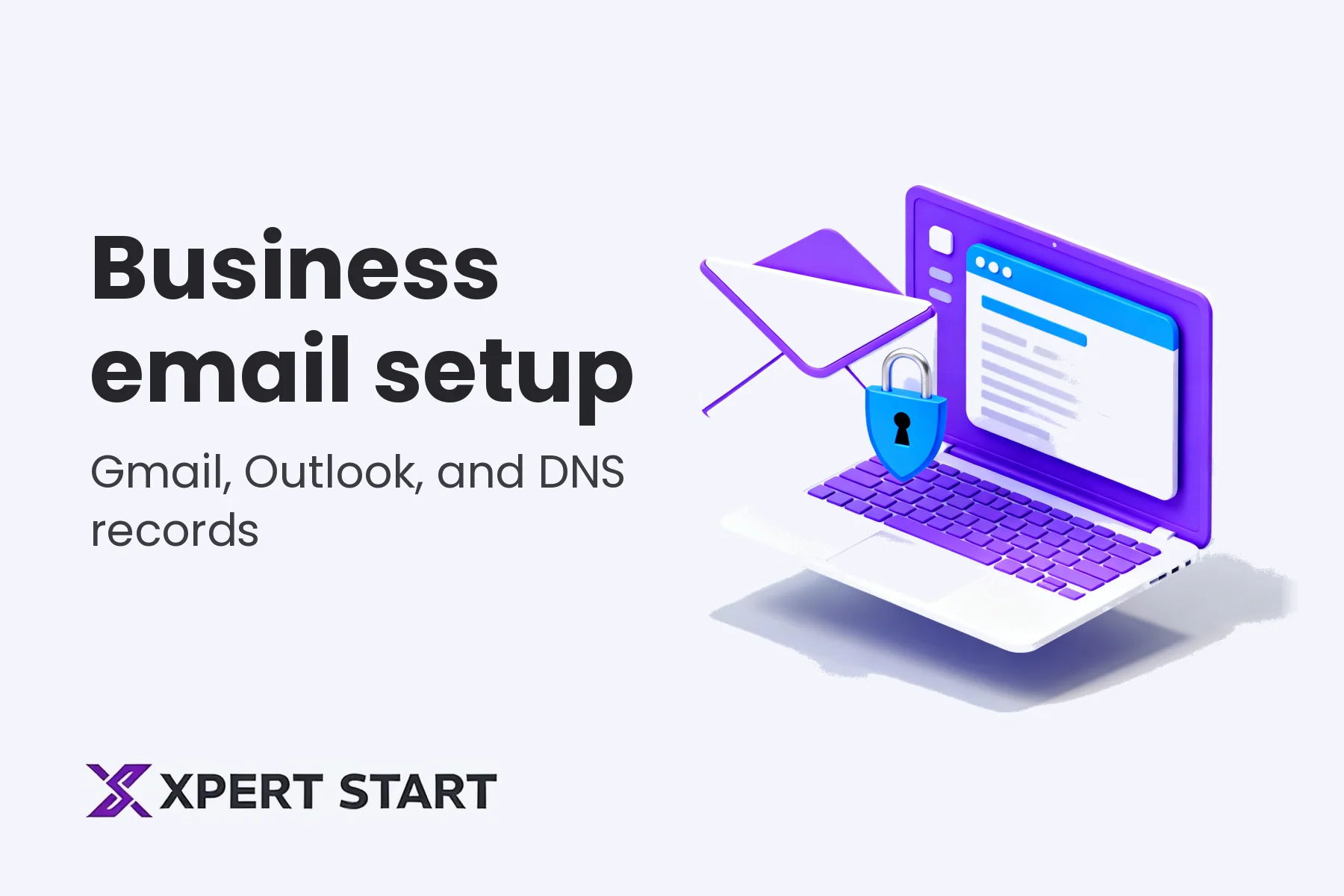 Illustration of an email envelope with a padlock and a laptop showing an inbox, for a guide to business email setup