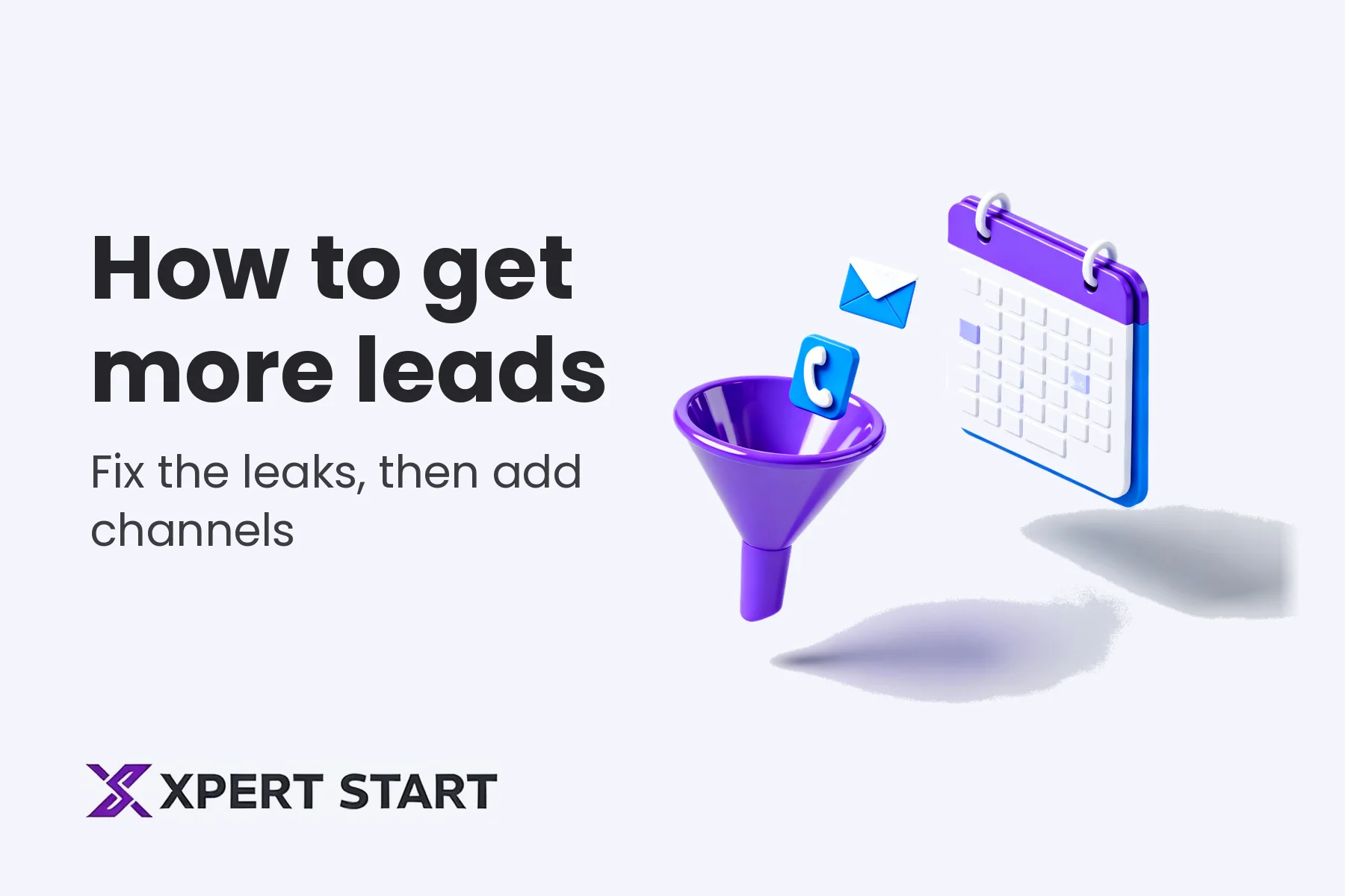 Illustration of a purple funnel with an email and a phone icon next to a calendar, for a guide to how to get more leads for your business