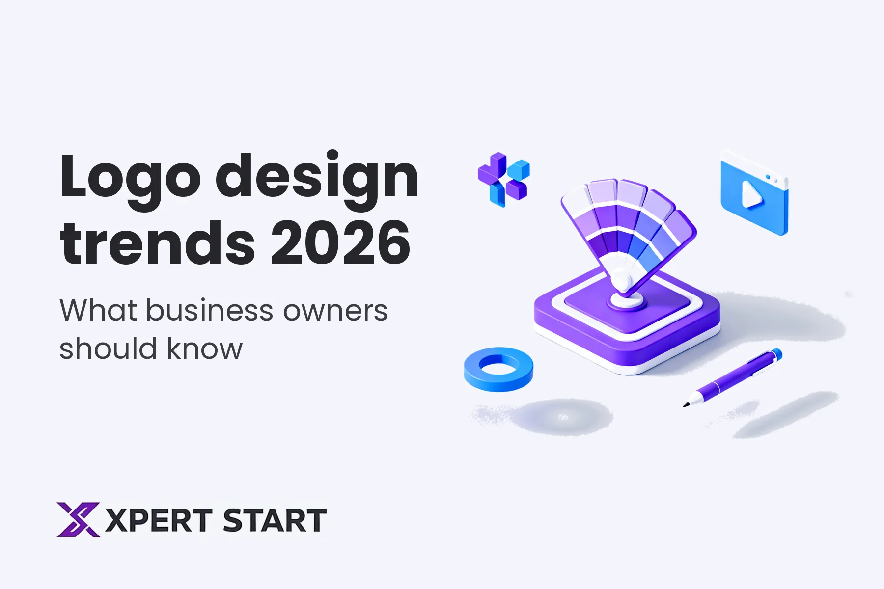 Illustration of a colour swatch fan on a purple base with geometric shapes and a pen, for a guide to logo design trends 2026