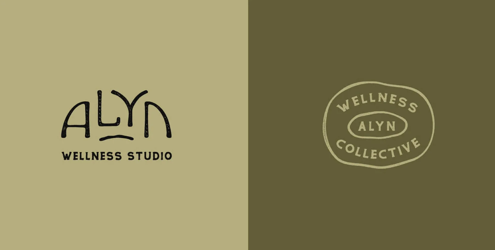 Hand drawn wellness logo for Alyn Wellness Studio with organic, imperfect lettering and a badge version