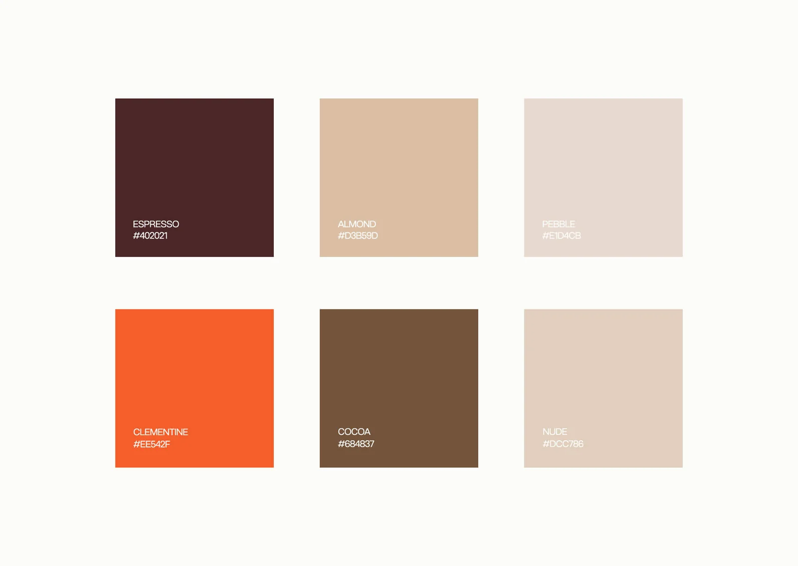 Neutral brand colour palette of espresso, almond, pebble, cocoa, and nude, with one clementine accent colour