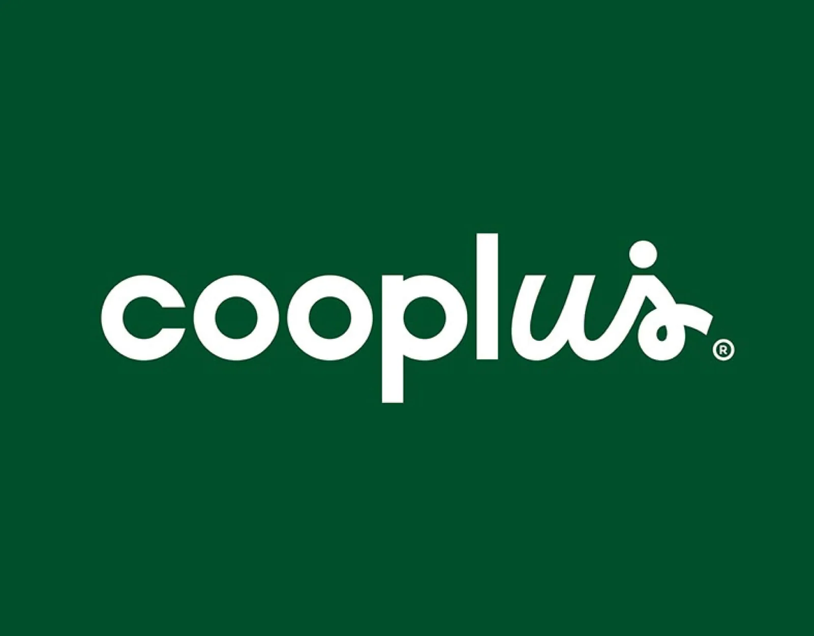 Bold typographic wordmark logo for Cooplus with confident custom lettering on a green background