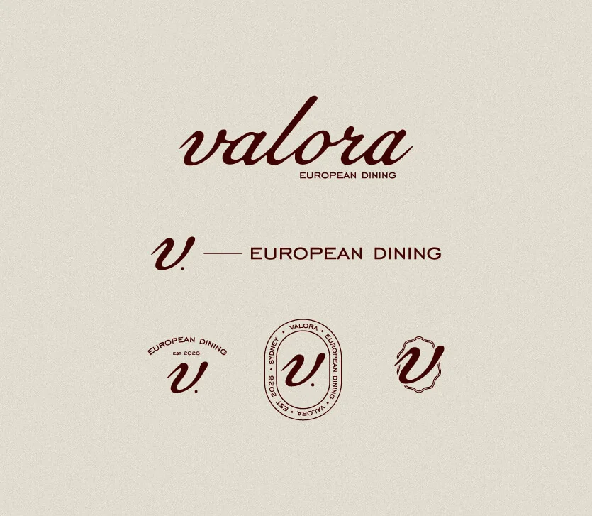 Scalable logo system for Valora showing a primary logo, a secondary logo, and brandmark variations