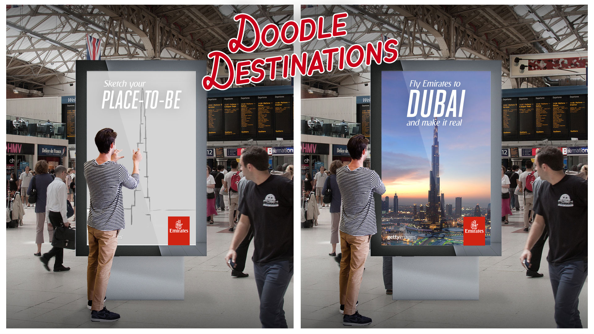Doodle Destinations DOOH execution — large-format airport and transit screen with sketch-to-destination interface at billboard scale