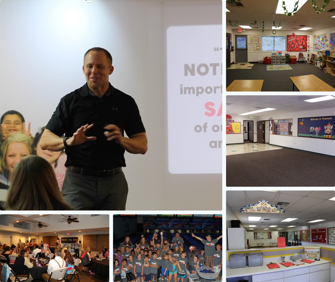 Collage: Mick speaking to directors, the childcare centers he ran, and moments with staff and kids