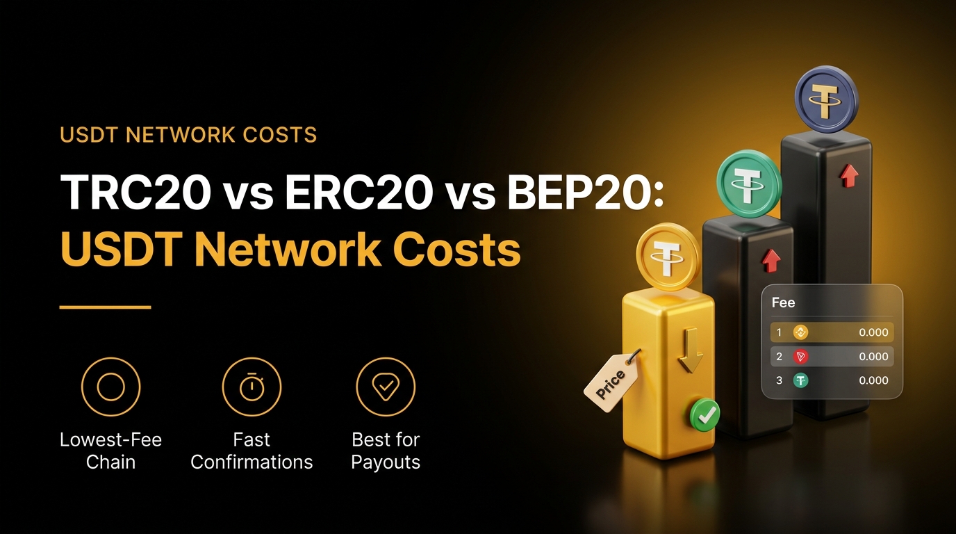 3D illustration comparing USDT network costs across TRC20, ERC20, and BEP20 blockchains, with a bar chart showing TRC20 as the cheapest, lowest-fee network for USDT transfers.