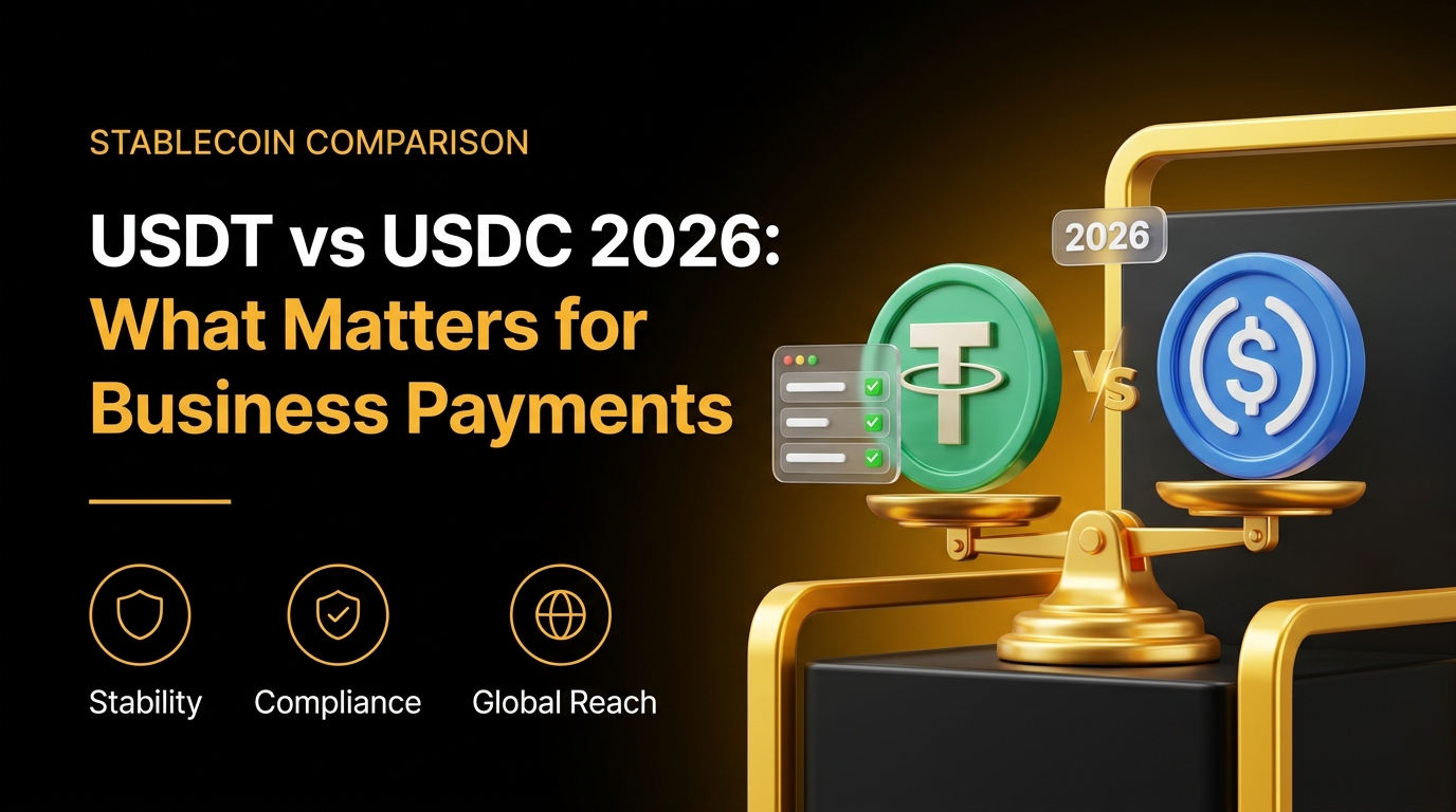 3D illustration comparing USDT and USDC stablecoins for business payments in 2026, shown head-to-head on a balance scale weighing stability, compliance, and global reach.