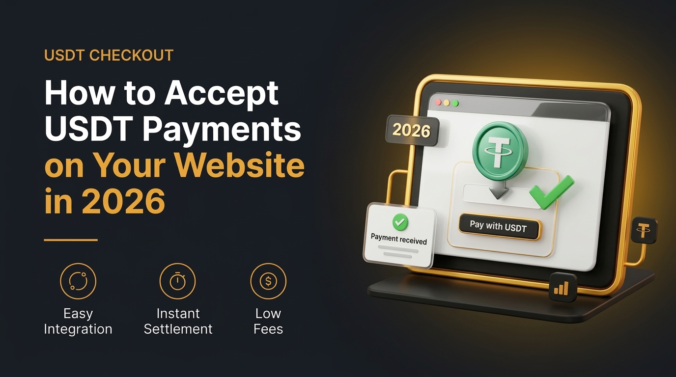 3D illustration showing how to accept USDT payments on a website in 2026, with a Pay with USDT checkout button and a confirmed crypto payment on a browser window.