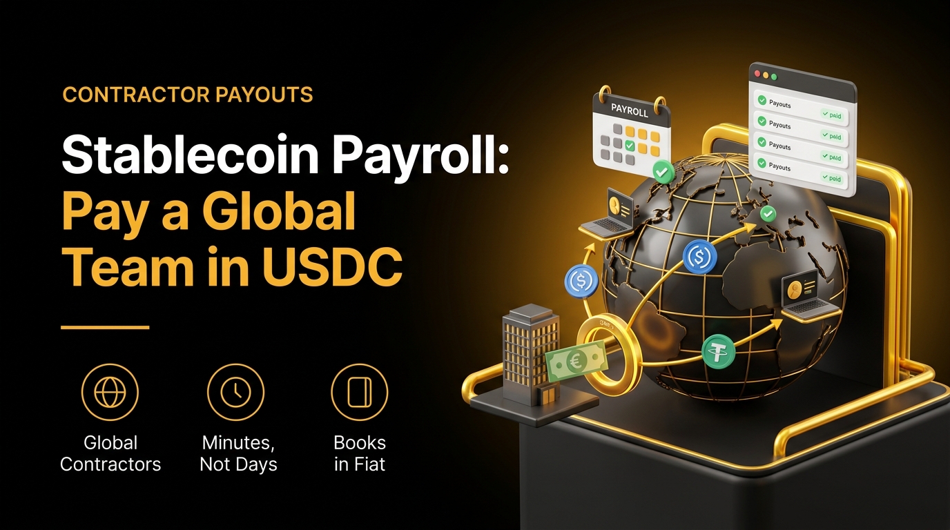 3D illustration of stablecoin payroll: EUR funding converted to USDC and USDT and paid to contractors around the globe