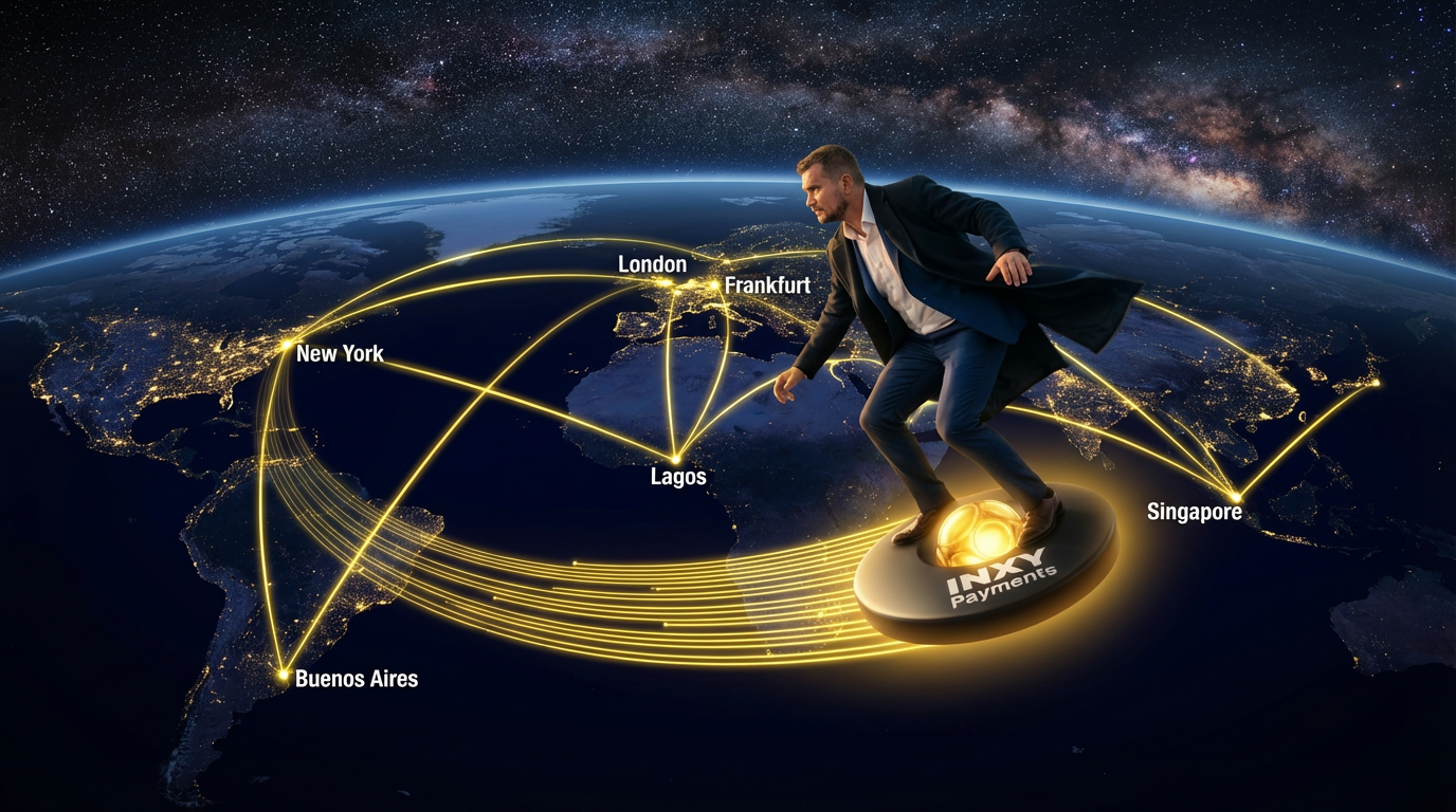Scene from the INXY short film: rider surfing over a glowing global network